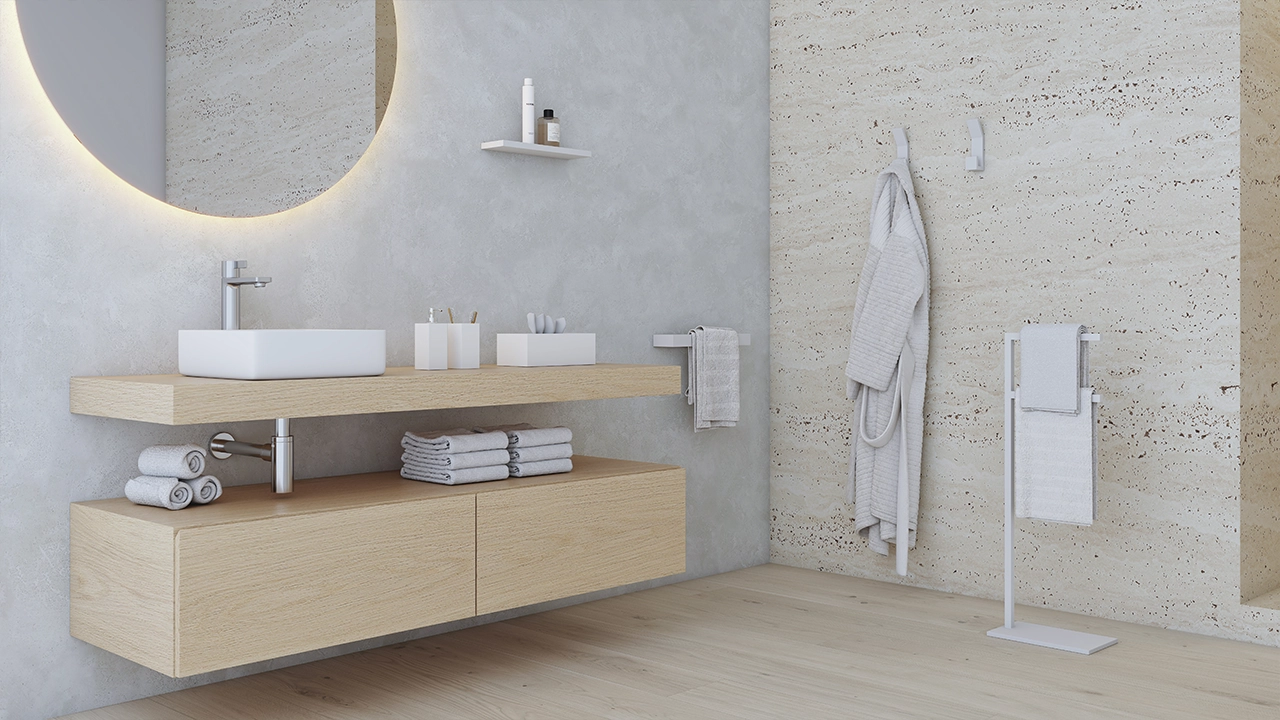 Colección Lyam de accesorios de baño en Solid Surface