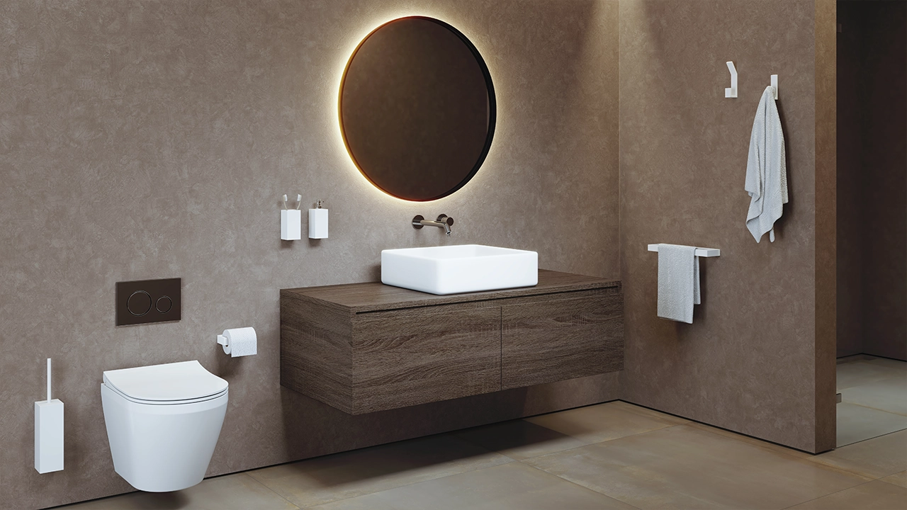 "Baño moderno con accesorios en Solid Surface"