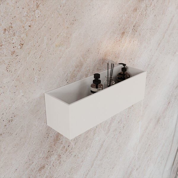 "Contenedor de Corian elegante en baño moderno"