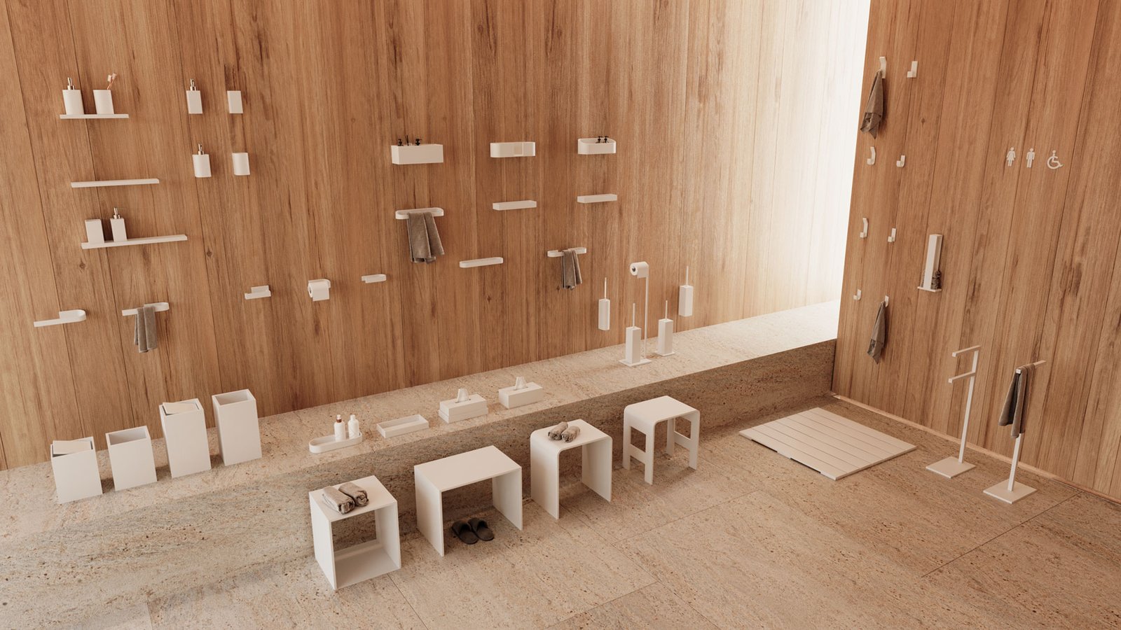 Exposición de accesorios de baño de Corian® Solid Surface de Solid Creaciones