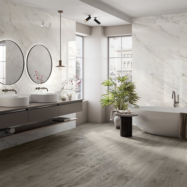 "Accesorios en Solid Surface en baño moderno"