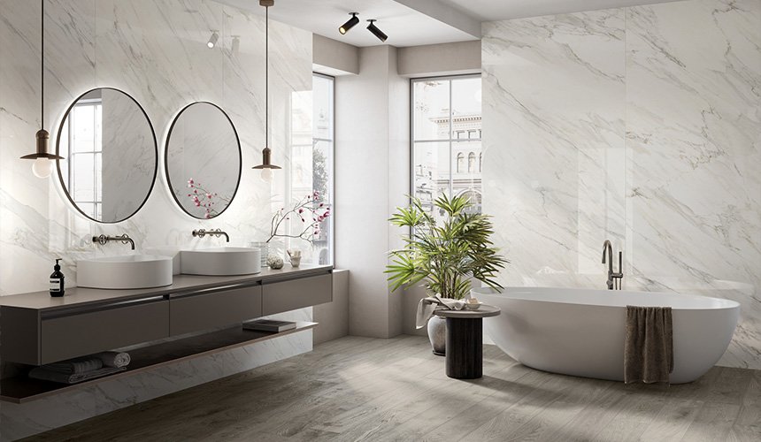 "Accesorios en Solid Surface en baño moderno"