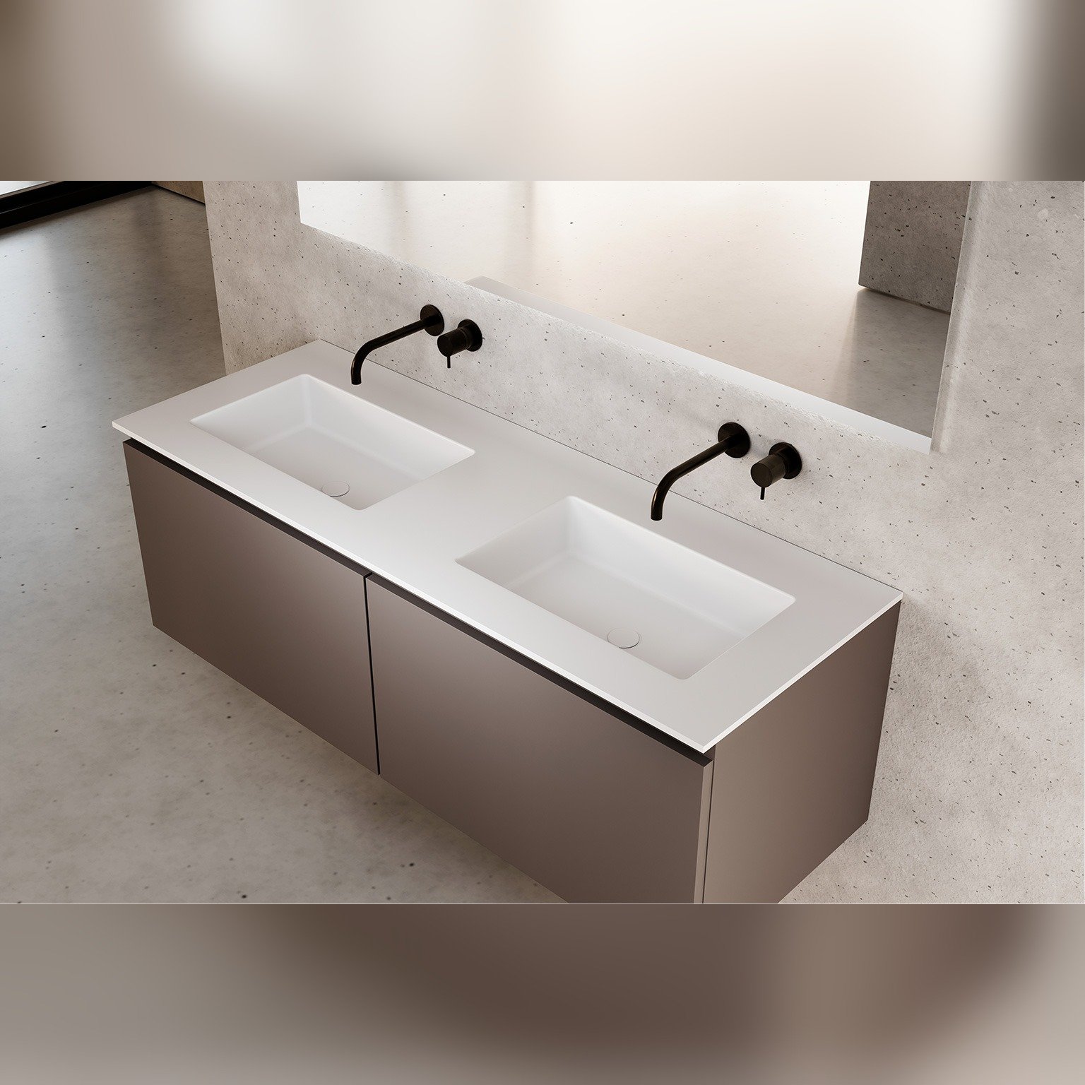 Encimera de Corian con lavabo doble instalada en baño moderno