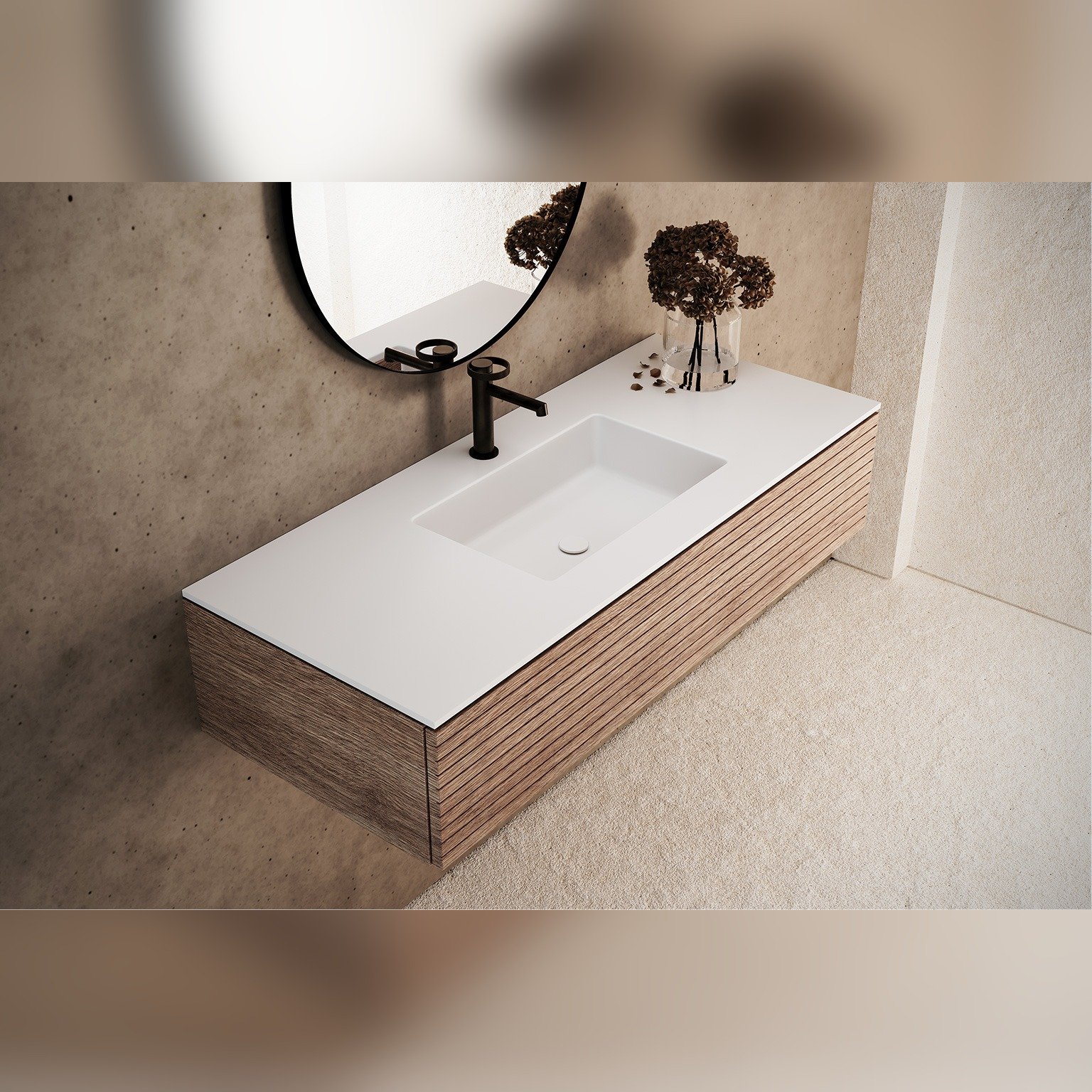 Encimera de Corian con lavabo individual instalada con espejo y decoración seca