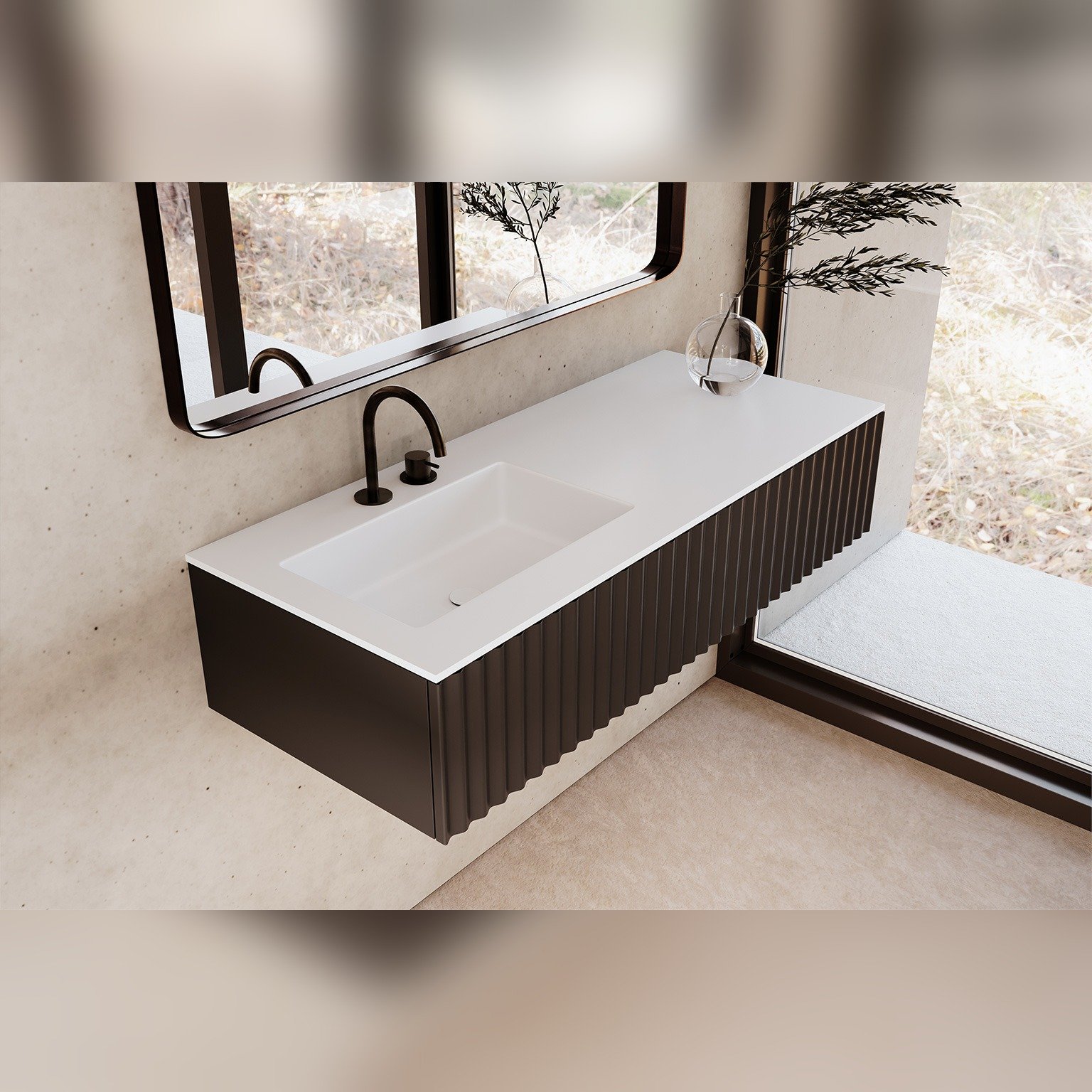 Encimera de Corian con lavabo desplazado instalada junto a ventana