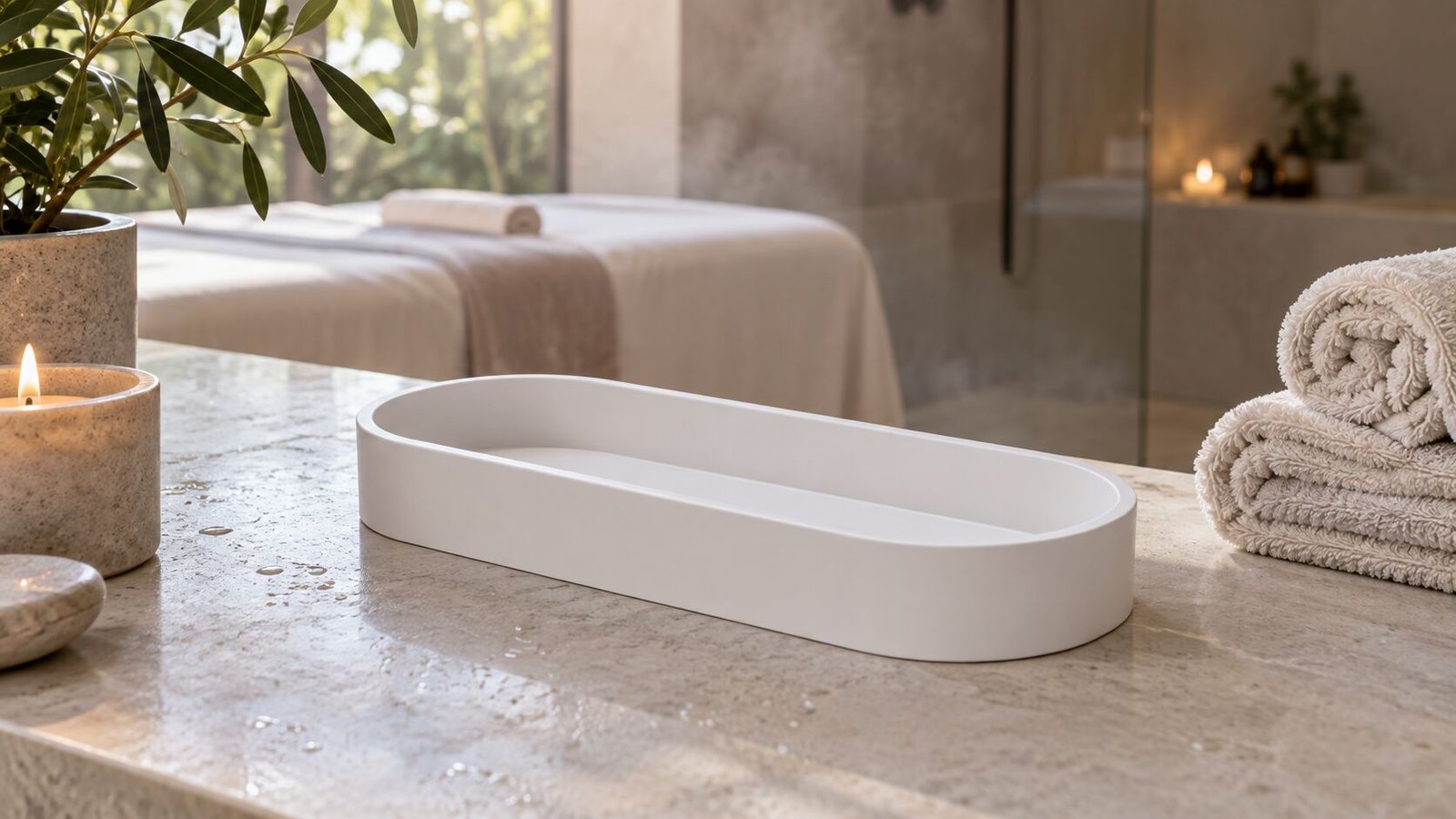 Bandeja curva en Solid Surface sobre una encimera de spa, con toallas y velas