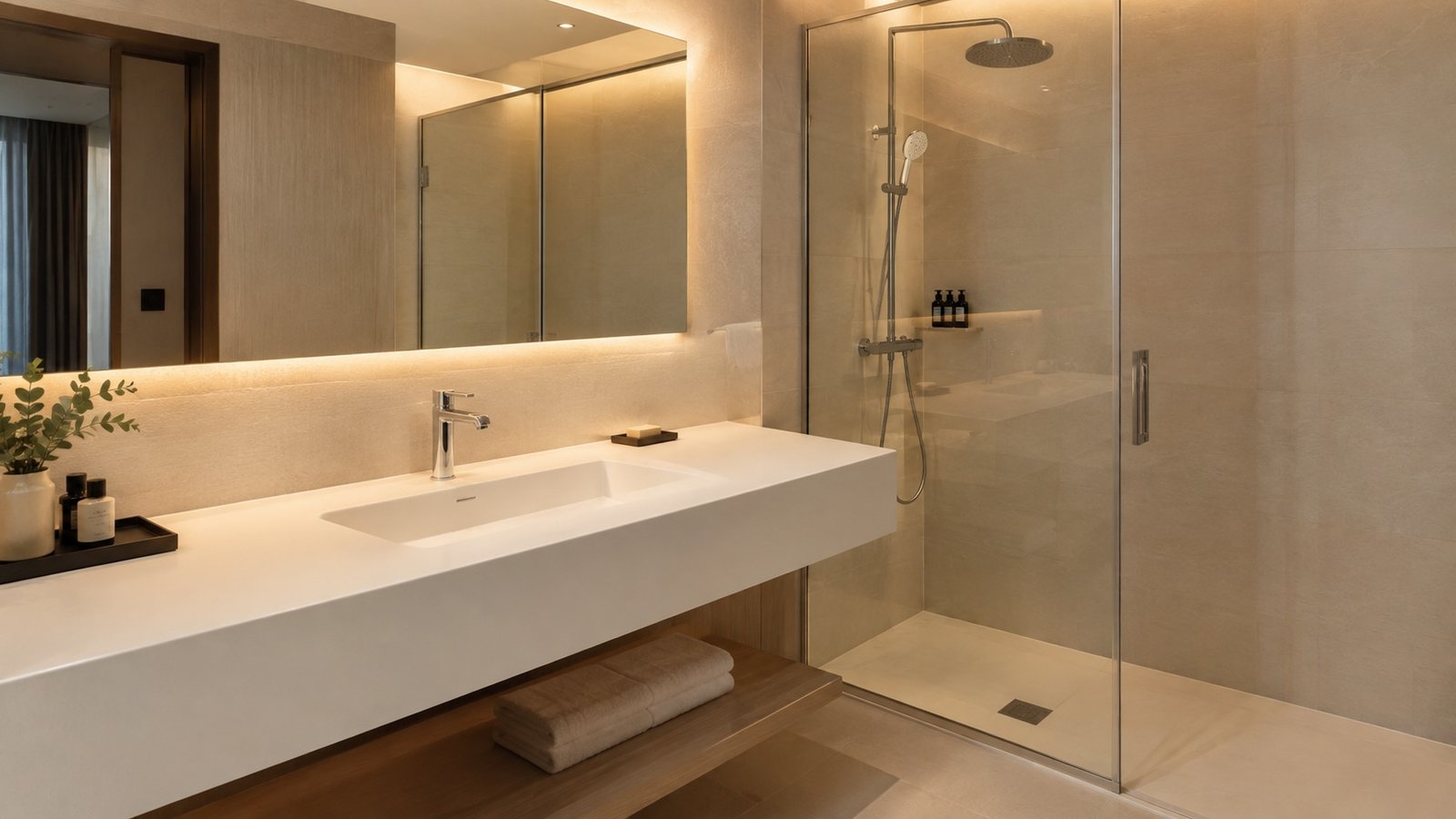 Bano de hotel boutique en Madrid con vanity continua de Corian blanco y ducha con mampara de vidrio