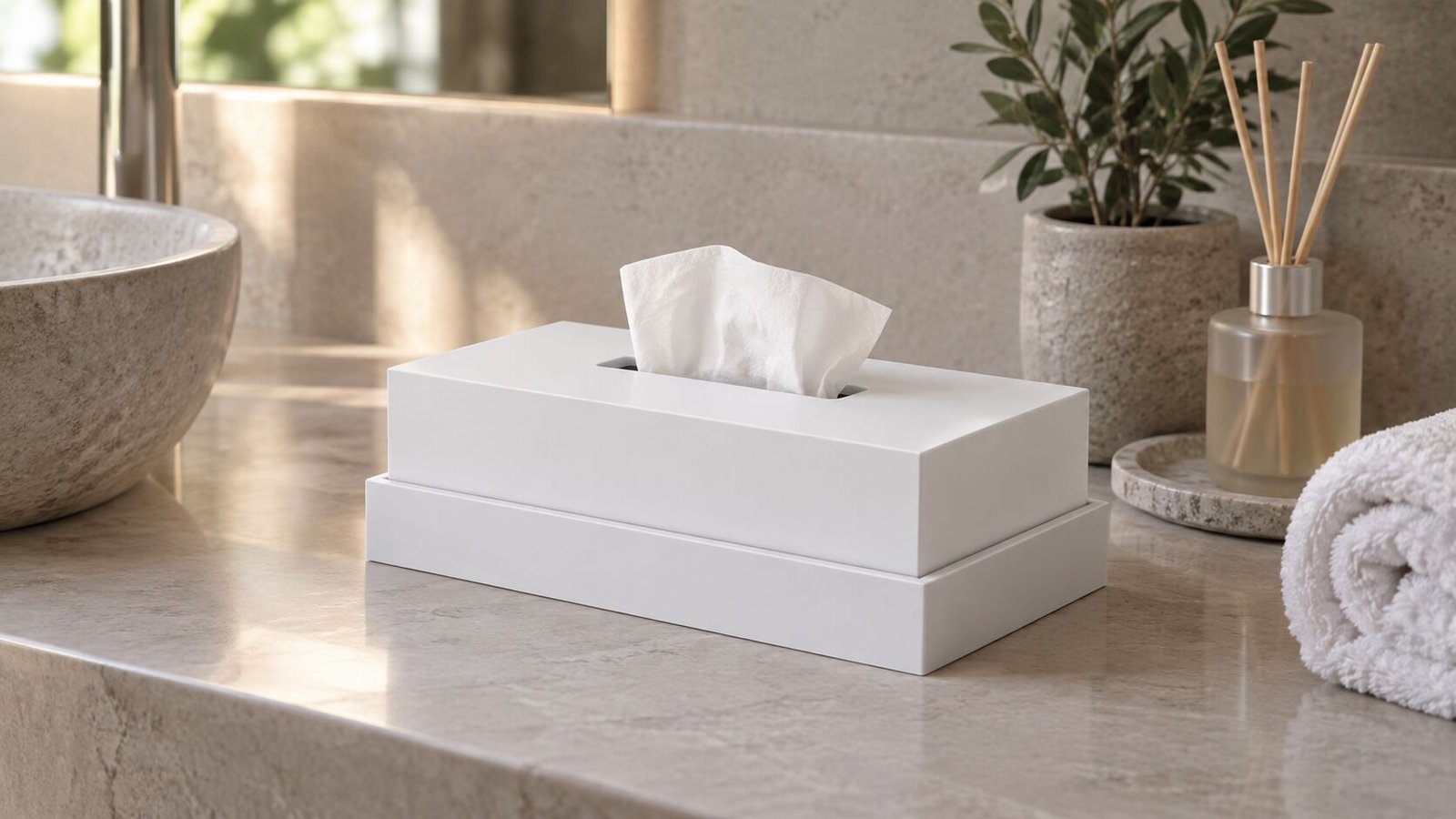 Conjunto bandeja y caja para pañuelos en Solid Surface sobre encimera de baño de hotel