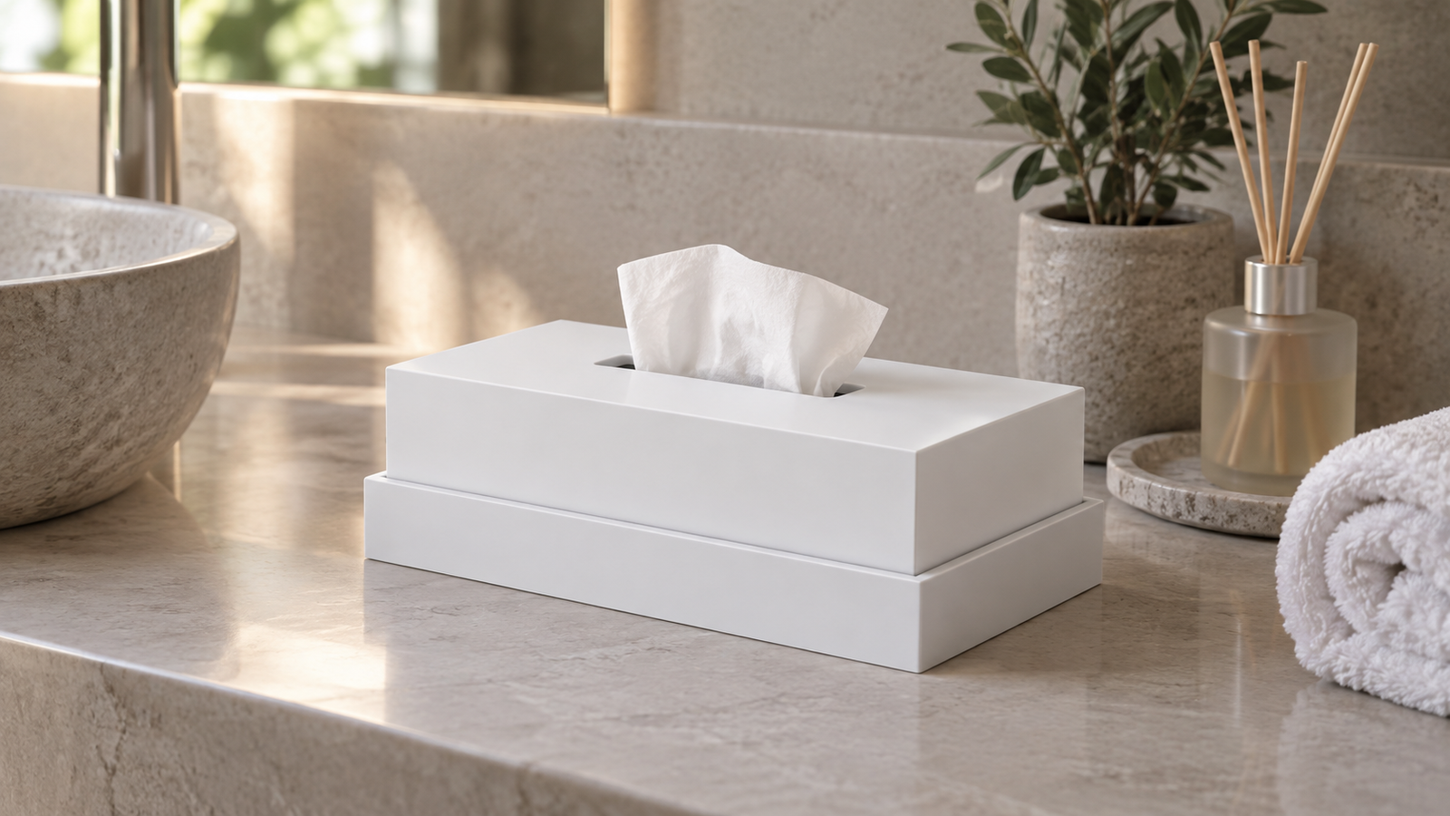 Conjunto bandeja y caja para pañuelos en Solid Surface sobre encimera de baño de hotel
