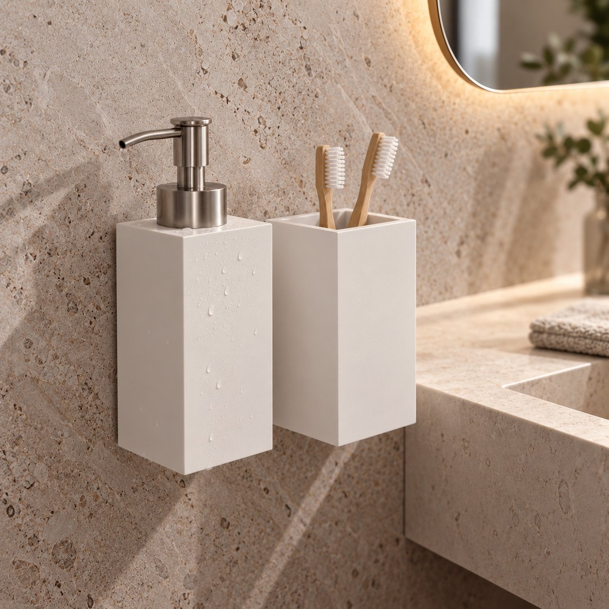 Dosificador y portacepillos de Solid Surface blanco mate con gotas de agua en un baño de piedra