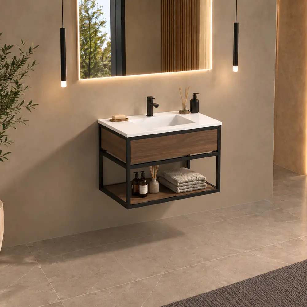 Mueble de baño suspendido Mael F Nogal con encimera de Corian® en un baño
