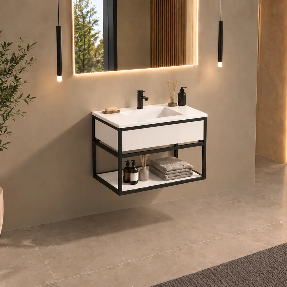 Mueble de baño suspendido Mael F Solid Surface con encimera de Corian® en un baño