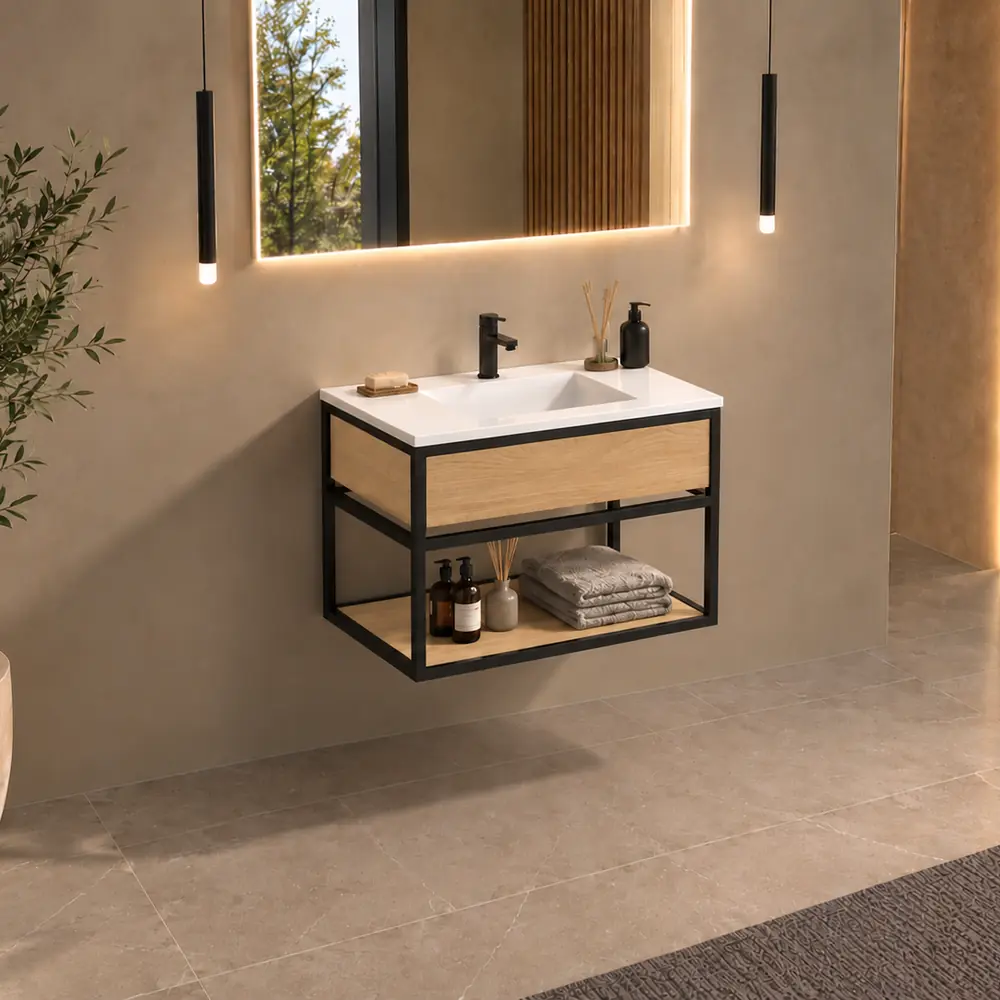 Mueble de baño suspendido Mael F Zahara con encimera de Corian® en un baño