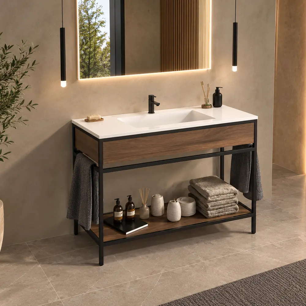 Mueble de baño de suelo Mael S Nogal con encimera de Corian® en un baño