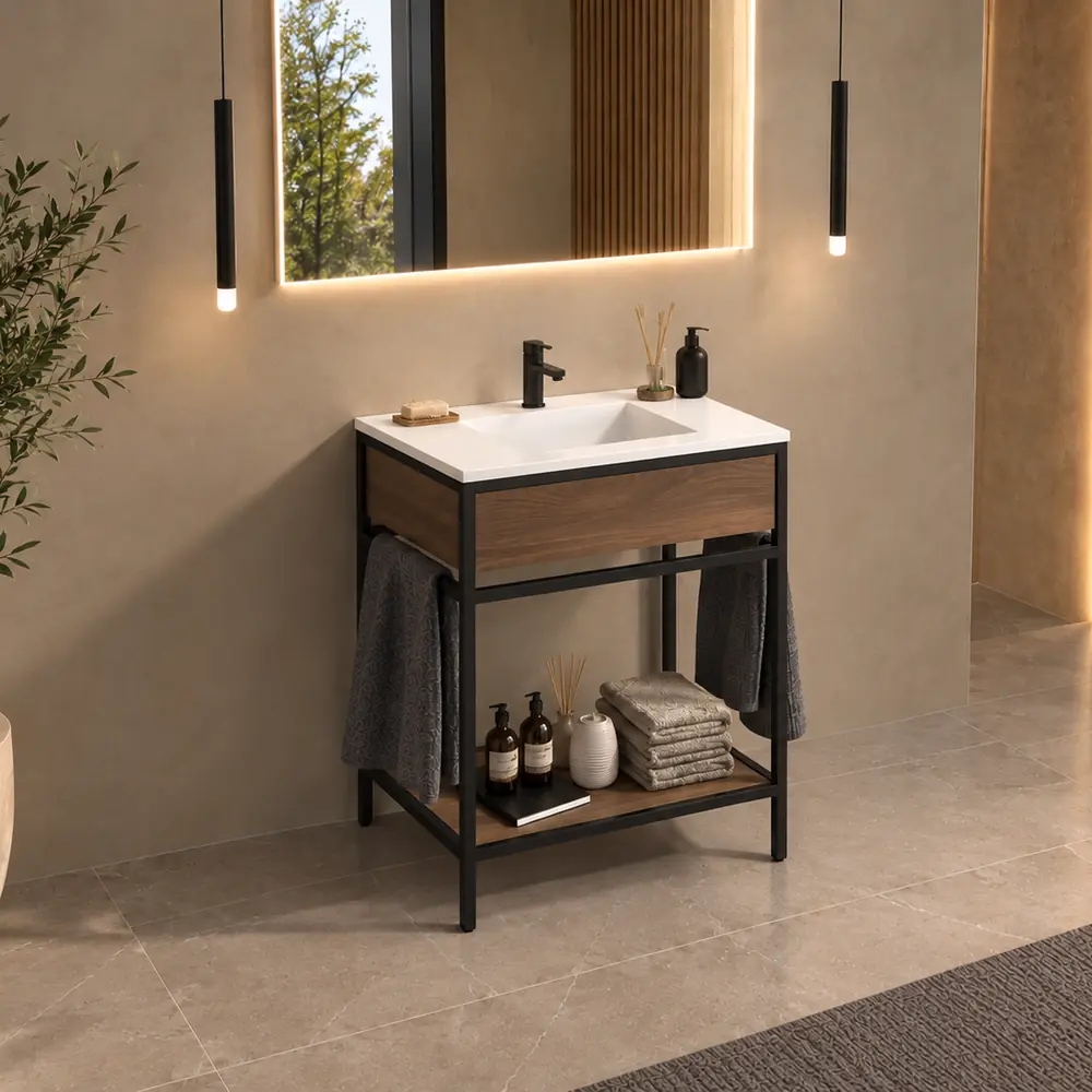 Mueble de baño de suelo Mael S Nogal con encimera de Corian® en un baño