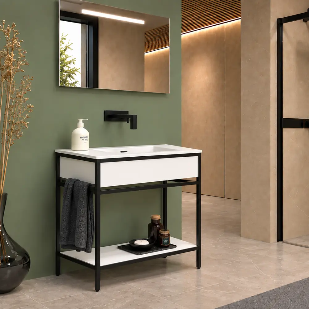 Mueble de baño de suelo Mael S Solid Surface con encimera de Corian® en un baño