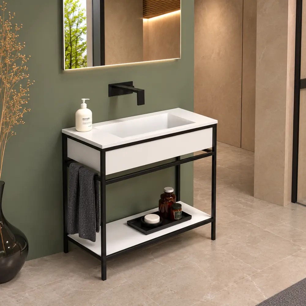 Mueble de baño de suelo Mael S Solid Surface con encimera de Corian® en un baño