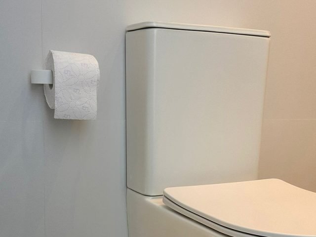 Inodoro y portarrollos de Corian de Solid Creaciones instalados, foto real de clienta